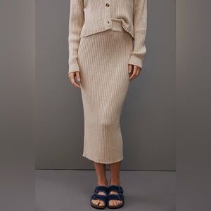 Ribbed Knit Midi Skirt in Beige